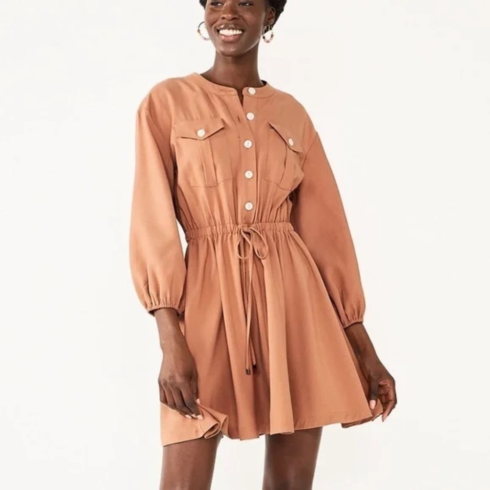 Nine West Utility 3/4 Sleeve Mini Swing Dress Sz Medium in Mocha Frosting Sz M